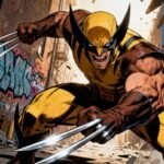 Wolverine com garras estendidas em pose de ação.