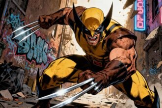 Wolverine com garras estendidas em pose de ação.