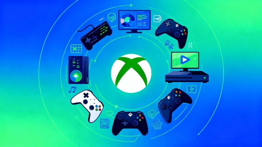 Logo do Xbox com controles e ícones de jogos.