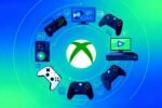 Logo do Xbox com controles e ícones de jogos.